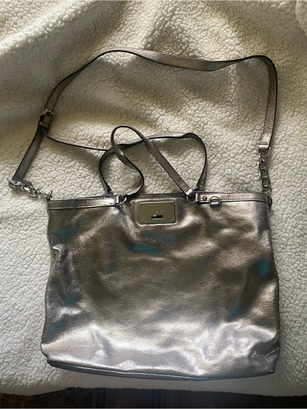MICHAEL Michael Kors Metallic Silver Leather Tote with Chain-Detail Strap